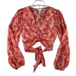 Japna Top Womens Medium Pink Floral Chiffon Tie Front Cropped Blouse V-Neck